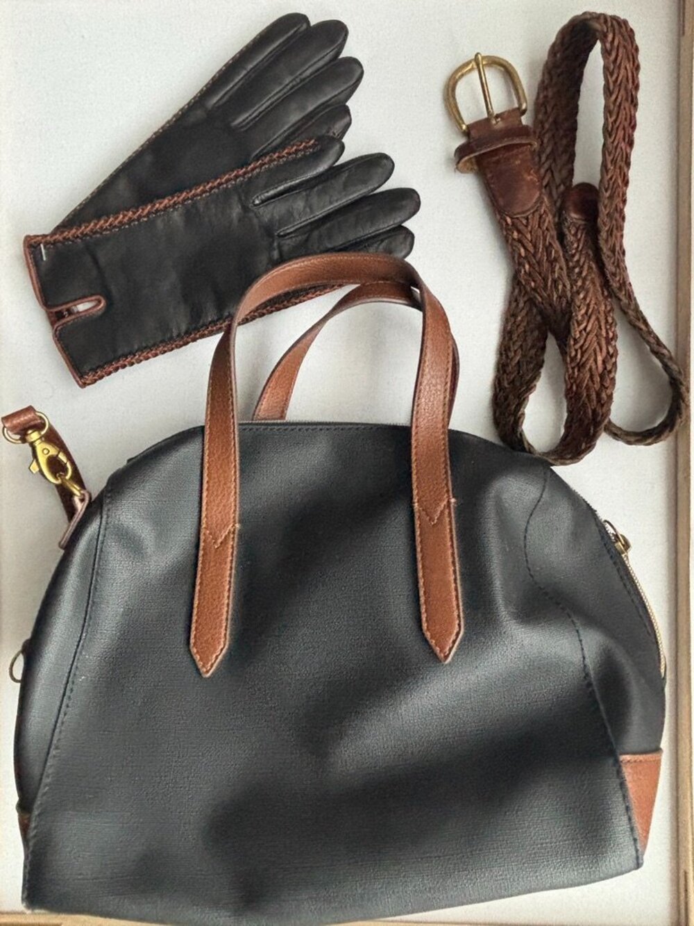 Fossil Black & Brown Handbag Set | New Vintage Danier Leather Gloves Small - Picture 2 of 7